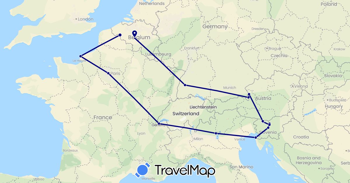 TravelMap itinerary: driving in Austria, Belgium, Switzerland, Germany, France, Italy, Slovenia (Europe)